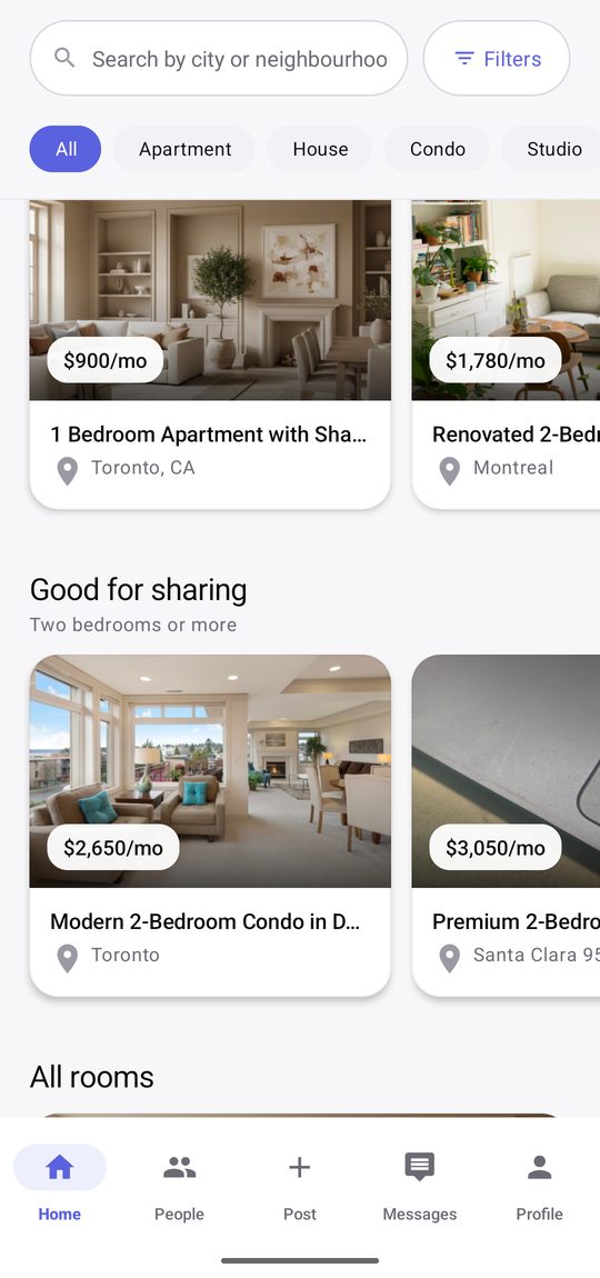 RoomFinderAI on Android: rooms in Toronto and Montreal with monthly prices